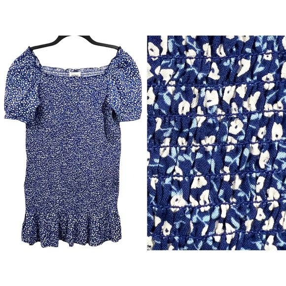 Monkl Off The Shoulder Mini Dress Size XL Floral Blue White Smocked Body NWT - Picture 1 of 12